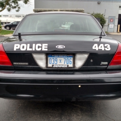 A rear view of the Wayne police car with some vinyl lettering